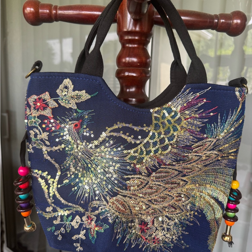 Blue Tote Hand Bag with Intricate Phoenix Design and Side Beads. - Picture 4 of 11